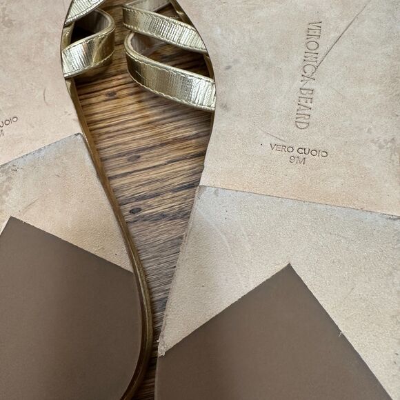 Veronica Beard Sandals Size 9 Marthe Gold Leather Strappy Thong Flat Luxury $295 - Picture 5 of 10
